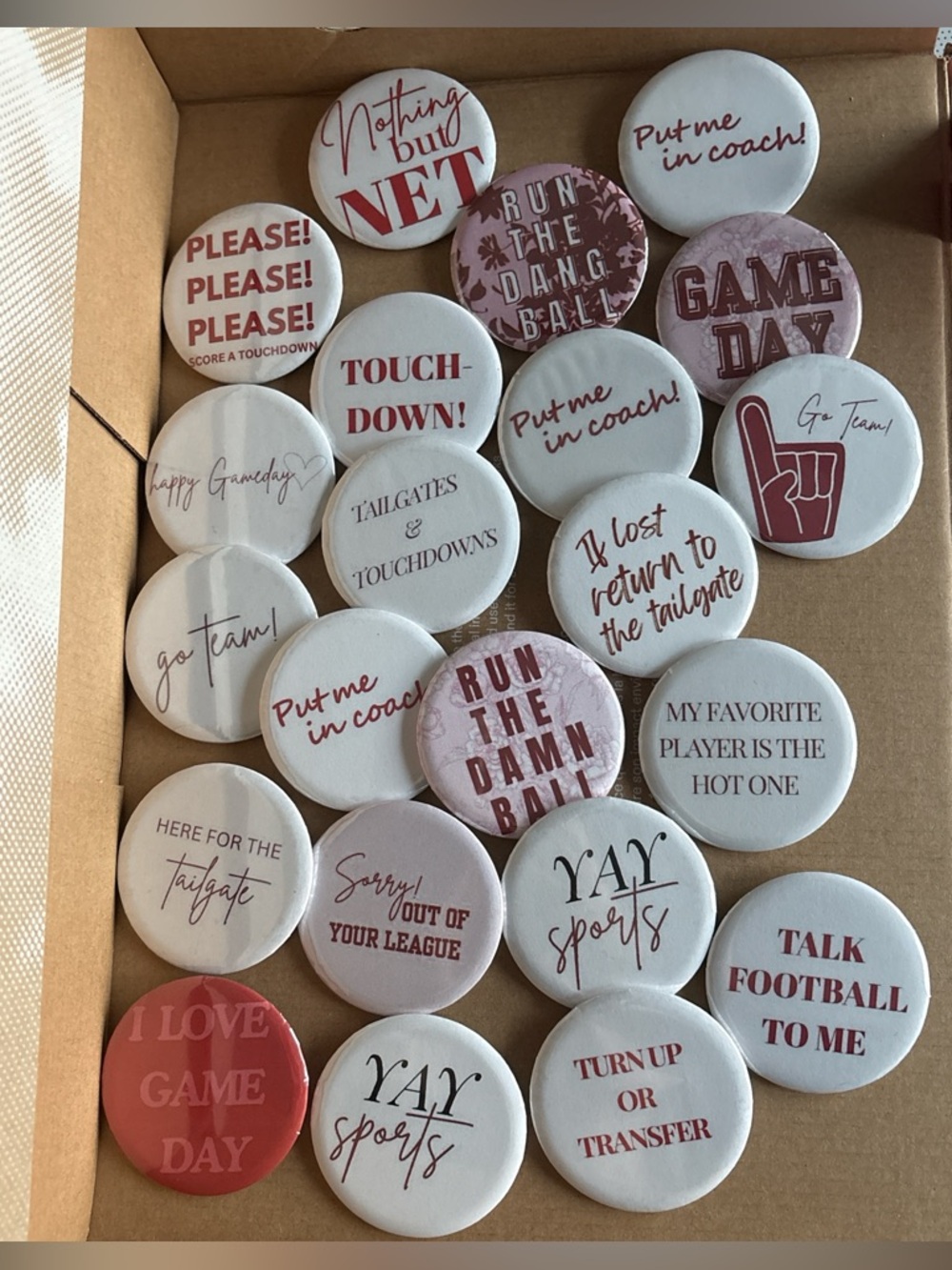 Party Button Pack - Maroon and White Football Tailgate Buttons